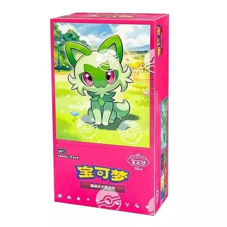 Pokémon boosterbox met groene kat op roze achtergrond, deel van de Chinese Gem Pack serie.